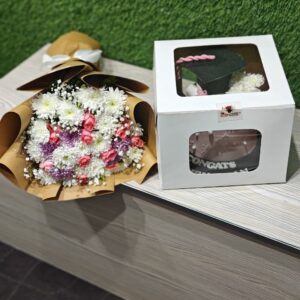 Rustic Bloom Combo – Pink & White Flowers with Cake