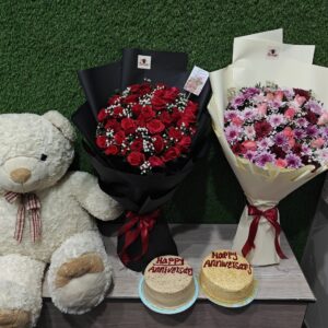 Romantic Duo Combo – Red Roses, Pink Flowers, Cake & Teddy