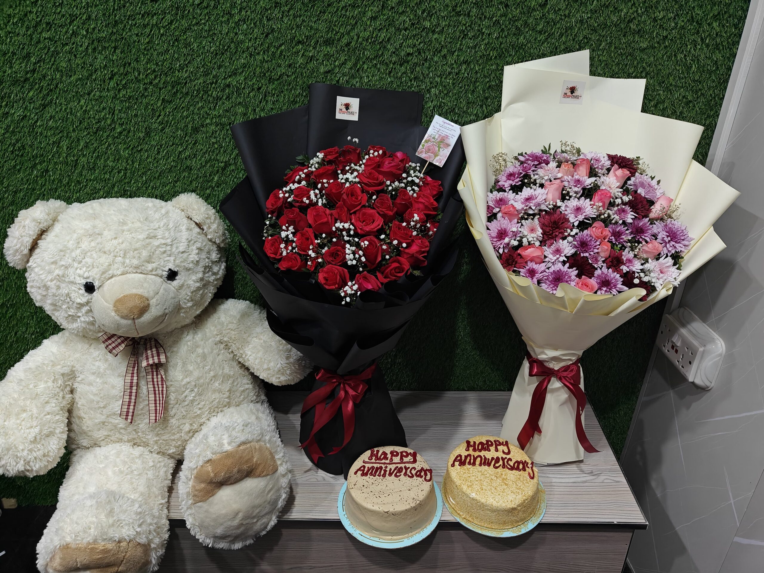 Romantic Duo Combo – Red Roses, Pink Flowers, Cake & Teddy